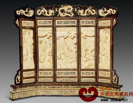 清 牙雕人物樓閣屏風(fēng)