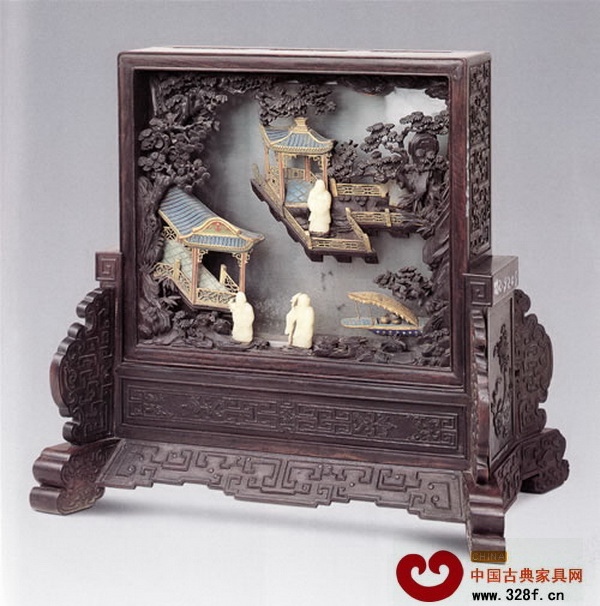 紫檀雕雞翅木嵌玉人插屏