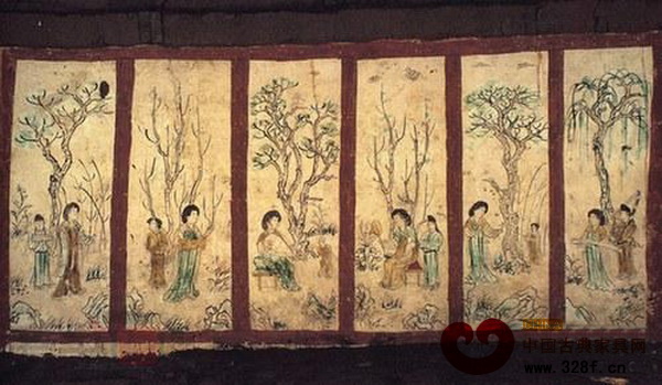 西安世園會長安塔上首次公開展覽的唐代六扇屏風仕女壁畫
