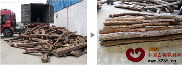 左：未打包前長短粗細不一的木材  右：長料擺旁邊，短料放中間