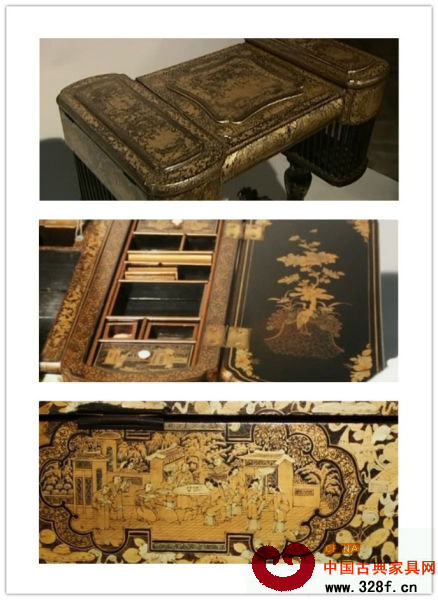 清代黑漆描金縫紉臺局部細節(jié)圖