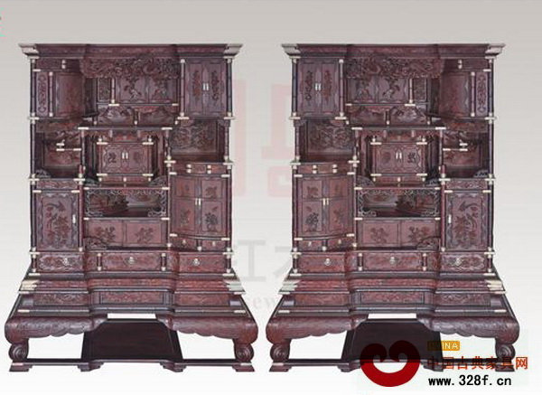 御典紅木--小葉紫檀龍鳳多寶箱