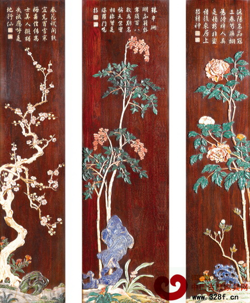 區(qū)氏臻品《小葉紫檀·嵌百寶花卉九扇地座屏》局部