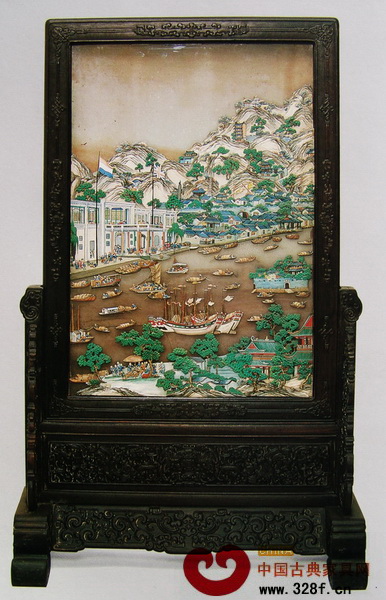 圖二_紫檀邊座嵌牙雕十三洋行圖插屏