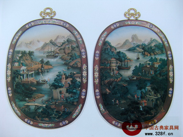 圖七_(dá)紫檀嵌琺瑯邊玻璃油畫圓掛屏