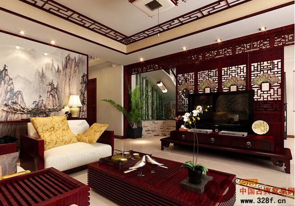 中式二層別墅客廳裝飾效果圖