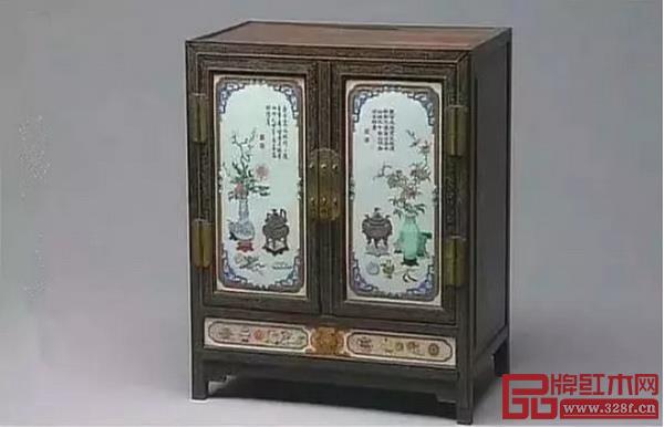 紫檀嵌彩瓷博古圖小柜 紫檀嵌彩瓷博古圖小柜