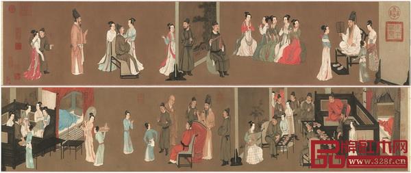 手卷畫《韓熙載夜宴圖》中，屏風(fēng)多以豎立側(cè)面出現(xiàn)，所有屏風(fēng)都是為了分開和連起一幕幕場景