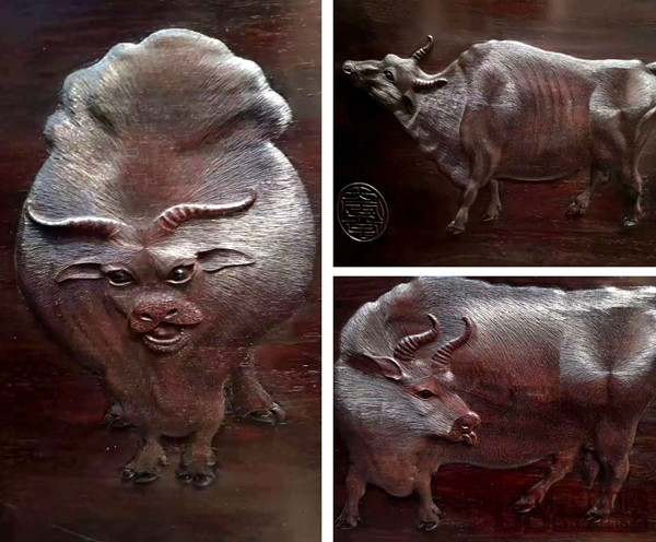 孔連紅木《小葉紫檀五牛圖羅漢床》把五頭牛或神情閑適、或健壯沉穩(wěn)、或倔強(qiáng)挺拔的姿態(tài)表現(xiàn)得栩栩如生