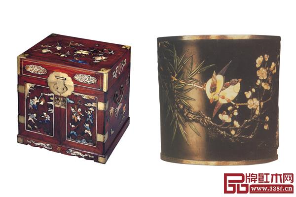黃花梨百子圖官皮箱(左),紫檀百寶嵌喜鵲登梅紋筆筒(右) 黃花梨百子圖官皮箱(左),紫檀百寶嵌喜鵲登梅紋筆筒(右)