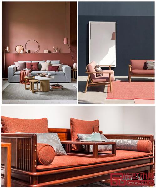 活珊瑚橘運(yùn)用在家居行業(yè)可以瞬間給人溫暖快樂，名作新中式家具《雅韻羅漢床》（下圖）使用活珊瑚橘讓人舒適輕快