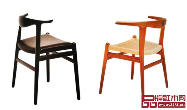 韋格納在1952年設(shè)計(jì)的“牛角椅”(左),在1960年設(shè)計(jì)的“公牛角椅” 韋格納在1952年設(shè)計(jì)的“牛角椅”(左),在1960年設(shè)計(jì)的“公牛角椅”