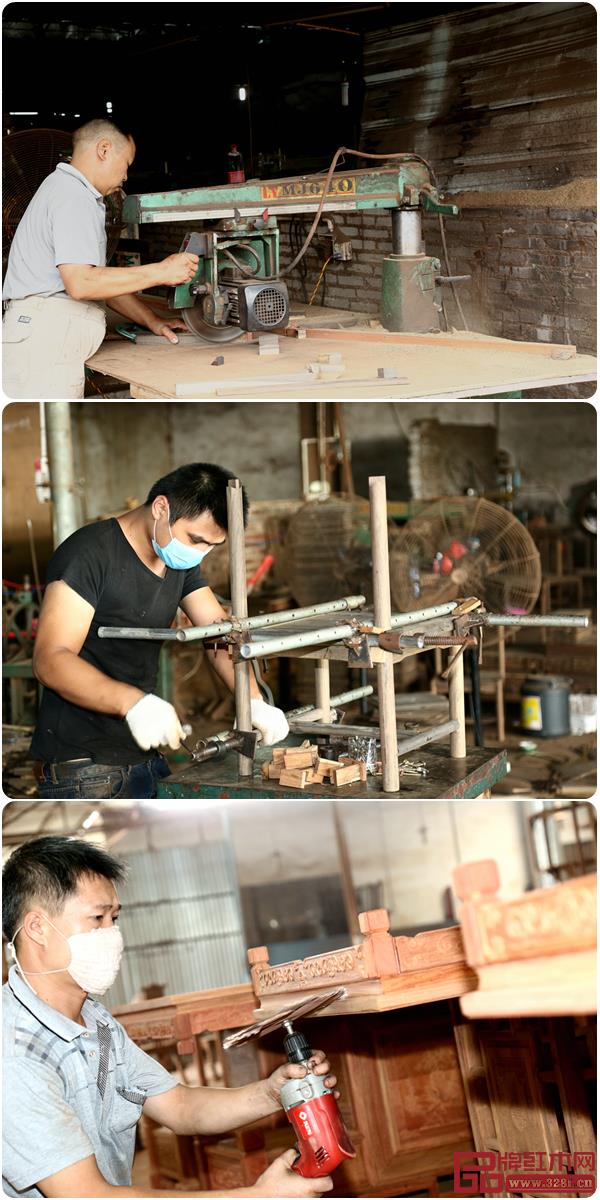 水雨軒制作功夫茶臺的各個環(huán)節(jié)，每個師傅各司其職進(jìn)行開榫、組裝定型、掃灰清潔