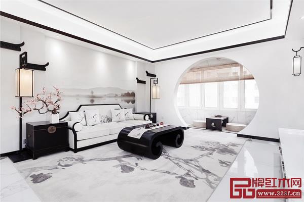 在設(shè)計(jì)中加入徽派建筑元素，黑瓦白墻，方圓交融