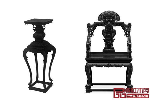 清乾隆 紫檀高束腰香幾（左），清乾隆 紫檀番西番蓮紋扶手椅（右）