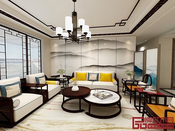 東成文宋系列客廳空間，在潑墨山水畫里找到家的歸屬感