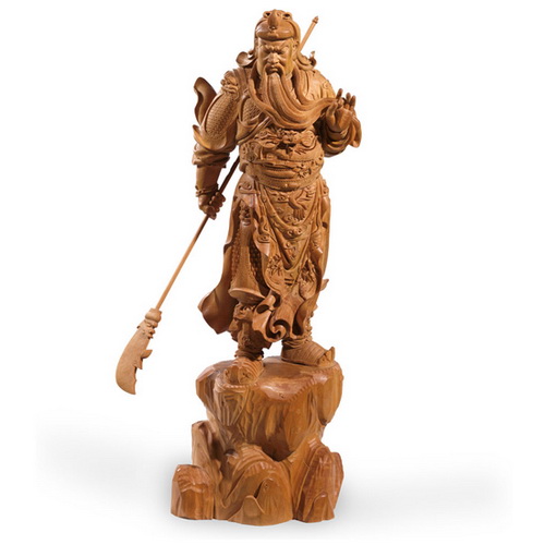 林慶財木雕作品——檀香木雕《關(guān)公》，該作品于2002年被蘇州工藝美術(shù)博物館收藏