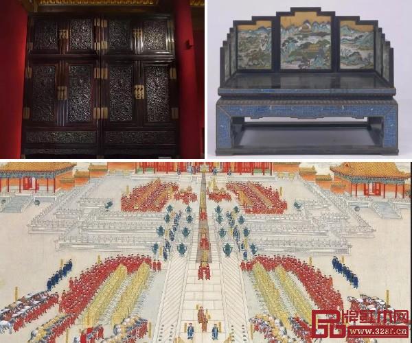 紫檀雕龍頂箱立柜(左上)、紫檀嵌琺瑯寶座(右上)和《皇后妝奩圖》(下) 紫檀雕龍頂箱立柜(左上)、紫檀嵌琺瑯寶座(右上)和《皇后妝奩圖》(下)