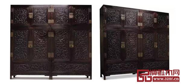 清 小葉紫檀高浮雕九龍西番蓮紋頂箱式大四件柜 清 小葉紫檀高浮雕九龍西番蓮紋頂箱式大四件柜