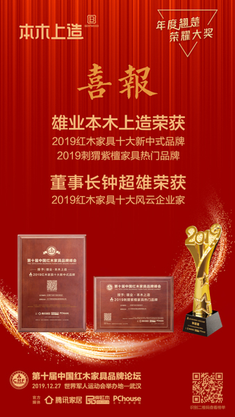 雄業(yè)·本木尚造再度蟬聯(lián)“2019紅木家具十大新中式品牌”,并摘得“2019刺猬紫檀家具熱門品牌”,董事長鐘超雄則被評選為“2019紅木家具十大風云企業(yè)家” 雄業(yè)·本木尚造再度蟬聯(lián)“2019紅木家具十大新中式品牌”,并摘得“2019刺猬紫檀家具熱門品牌”,董事長鐘超雄則被評選為“2019紅木家具十大風云企業(yè)家”