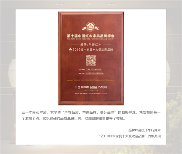華行紅木“2019紅木家具十大受歡迎品牌”的頒獎詞 華行紅木“2019紅木家具十大受歡迎品牌”的頒獎詞