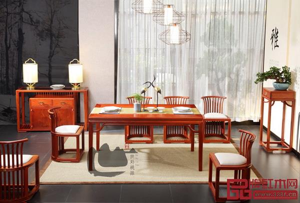  國壽紅木·世外桃源緬甸花梨“軒逸”備餐柜、“軒逸”長餐臺、“明軒”單椅、“明軒”帶斗花幾