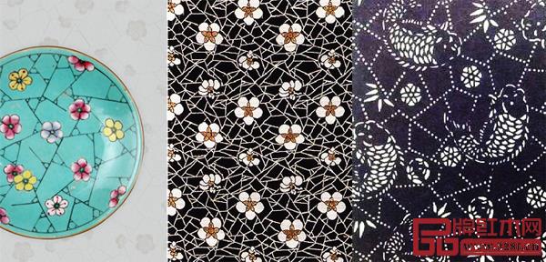  綠地粉彩冰梅紋盤、黑地冰梅紋加金錦、藍(lán)染中的冰裂紋