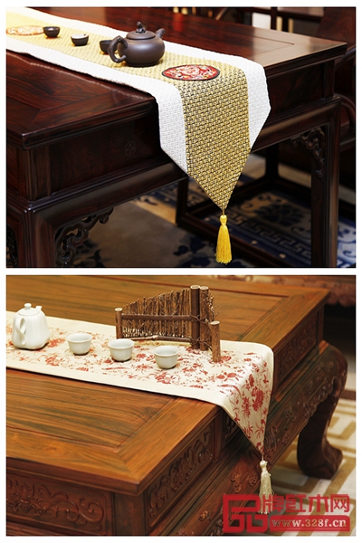 輕柔飄逸的中式桌旗再配以獨(dú)特的軟裝配飾，相映成趣，盡顯國方家具神韻