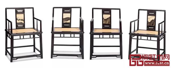 清 紫檀鑲石面玫瑰椅四把 清 紫檀鑲石面玫瑰椅四把