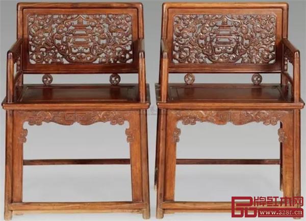 民國 黃花梨六螭捧壽玫瑰椅 (兩件) 民國 黃花梨六螭捧壽玫瑰椅 (兩件)