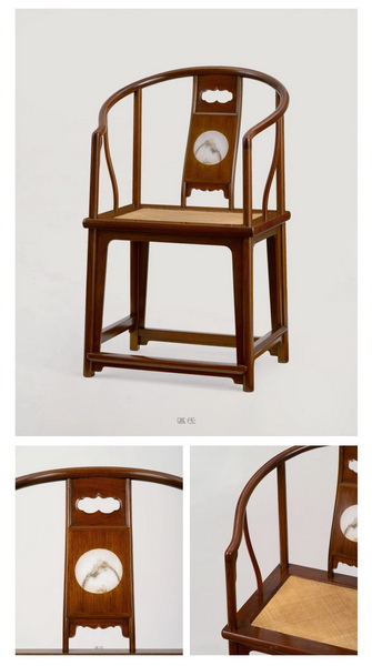 區(qū)氏家具 嵌理石背垂手圈椅 白酸枝 長:53cm 寬:41cm 高:46.5cm 通高:92cm A Huanghuali Inlaid marble arm-chair 區(qū)氏家具 嵌理石背垂手圈椅 白酸枝 長:53cm 寬:41cm 高:46.5cm 通高:92cm A Huanghuali Inlaid marble arm-chair