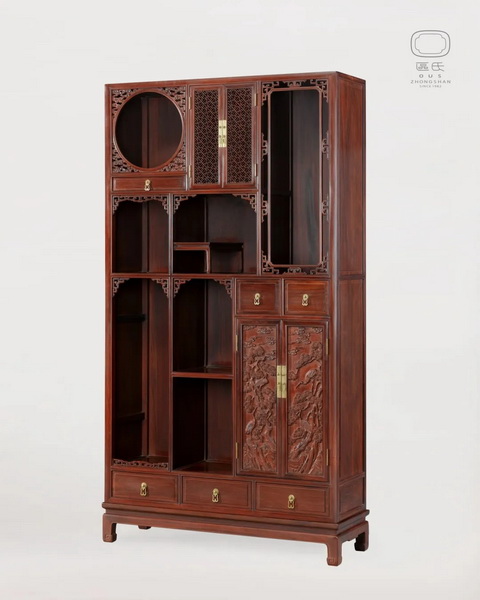 區(qū)氏家具 浮雕多寶柜  酸枝  長:115cm  寬:38cm  高:211cm  A Suanzhi Duobao Cabinet