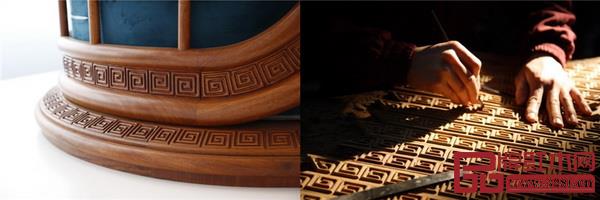 《風(fēng)云椅》細(xì)節(jié)處采用回形紋、團(tuán)壽紋，增添了整體家具的祥瑞之氣，又很好地契合“天圓地方”的設(shè)計思想