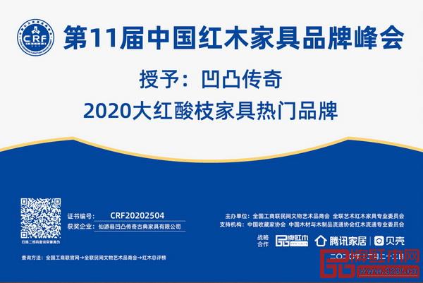 凹凸傳奇榮獲“2020大紅酸枝家具熱門品牌” 凹凸傳奇榮獲“2020大紅酸枝家具熱門品牌”