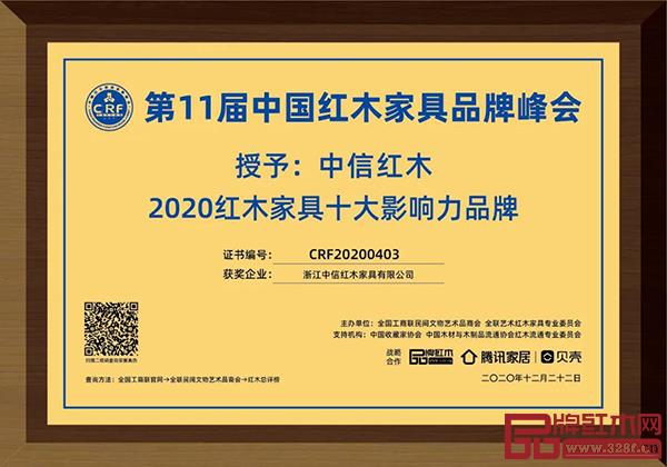 中信紅木榮獲“2020紅木家具十大影響力品牌” 中信紅木榮獲“2020紅木家具十大影響力品牌”