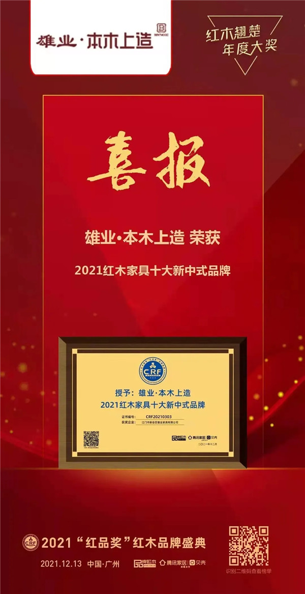 雄業(yè)·本木上造榮獲“紅木家具十大新中式品牌” 雄業(yè)·本木上造榮獲“紅木家具十大新中式品牌”