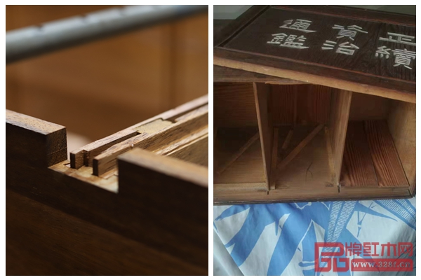 左圖為國(guó)家版本館書(shū)柜相鄰書(shū)箱間的燕尾榫穿帶結(jié)構(gòu),右圖為傳統(tǒng)書(shū)箱,結(jié)構(gòu)原理不謀而合 左圖為國(guó)家版本館書(shū)柜相鄰書(shū)箱間的燕尾榫穿帶結(jié)構(gòu),右圖為傳統(tǒng)書(shū)箱,結(jié)構(gòu)原理不謀而合