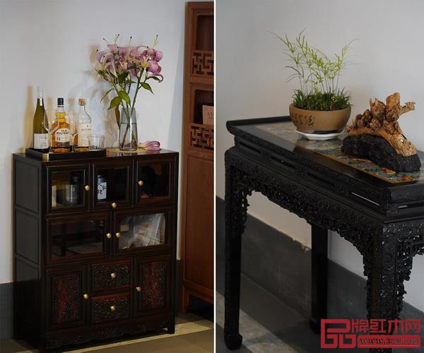 邊柜、條案通過雕刻、鑲嵌等傳統(tǒng)手法營造出富麗氣息