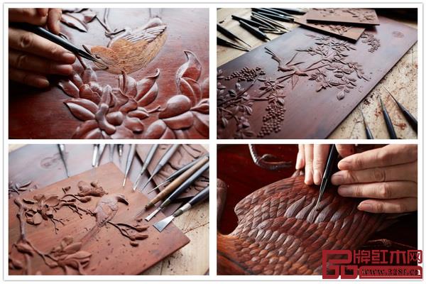 懷古紅木絲翎檀雕工藝入木三分、絲絲畢現(xiàn)