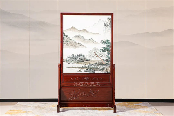 蘇繡屏風(fēng)山水圖【絨毛黃檀】