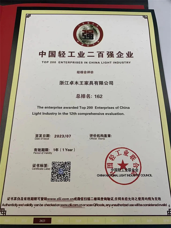2022年度中國輕工業(yè)二百強(qiáng)企業(yè)榮譽證書