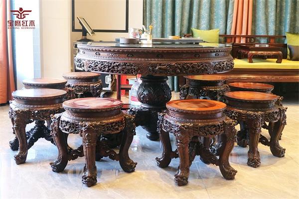 家寶紅木：精品推薦「圓臺(tái)」手工深雕，雕刻世間吉祥盛景（寶鷹紅木）