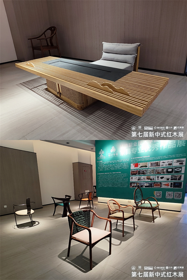 （上）五邑大學(xué)參展作品《竹影清風(fēng)》、（下）中山職業(yè)技術(shù)學(xué)院參展作品《閱讀椅》