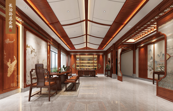明清閣在“長治孫總會所”項目中采用玉石花鳥點綴墻面，傳遞東方的溫潤與底蘊